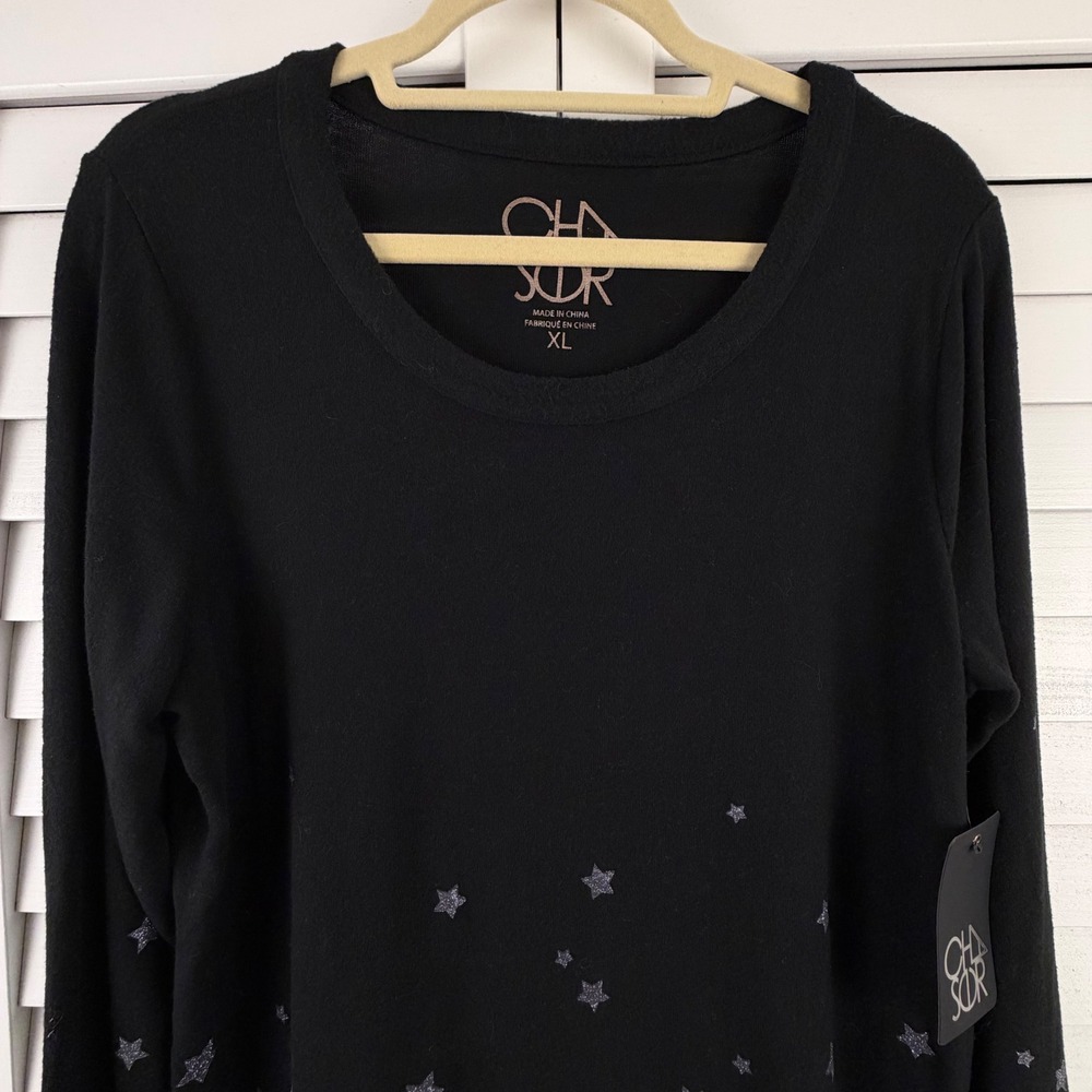 Chaser Sweatshirt XL Black Silver Glitter Star Print Long Sleeve Knit NEW - Picture 2 of 16